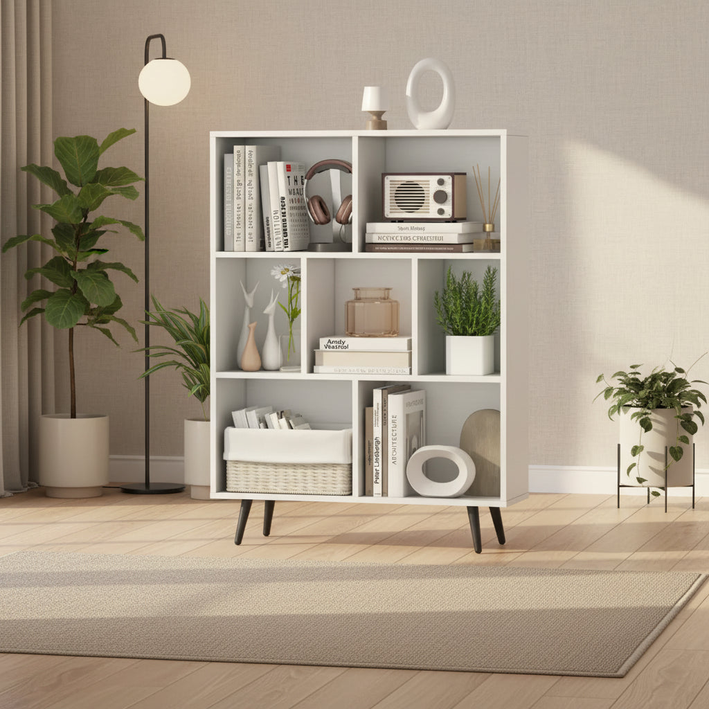 Étagère bibliothèque cube avec pieds en métal blanc