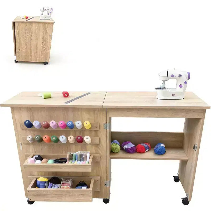 Table de couture pliable avec plateaux de rangement et roulettes verrouillables