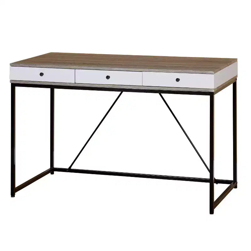 Bureau 3 tiroirs avec cadre métallique et plateau gris patiné