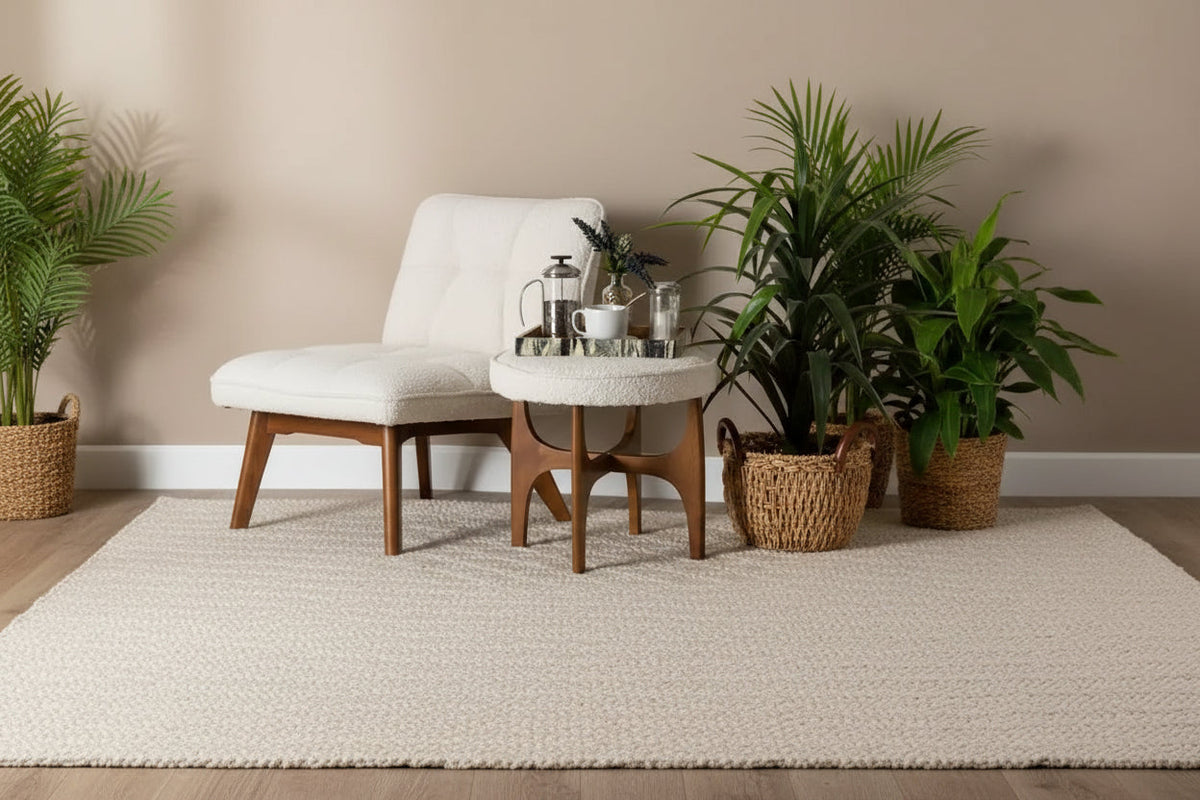 Repose-pieds ottoman en tissu bouclé crème avec base en noyer