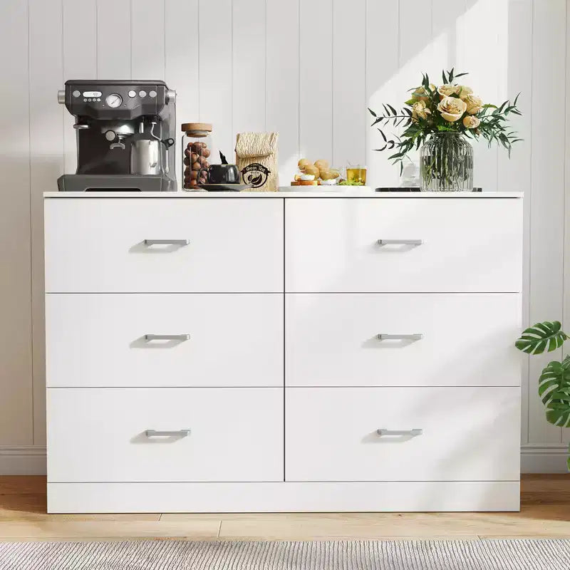 Commode double 6 tiroirs, en bois, moderne, pour chambre à coucher, blanche