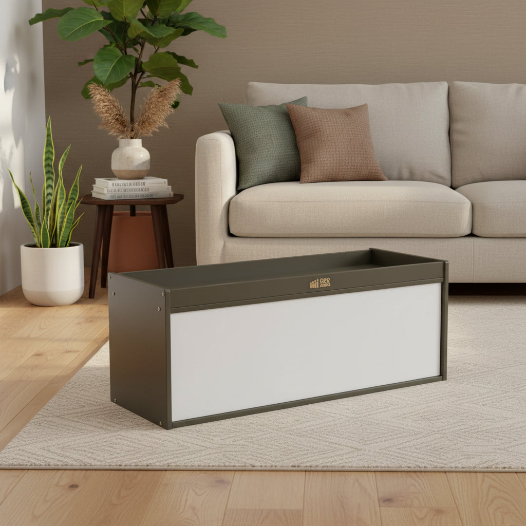 Meuble de rangement double face avec plateau d'activités et miroir